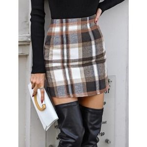 🌷 NWT Plaid Wool Blend High Waist Mini Skirt Neutral Tones Size Small 🌷
